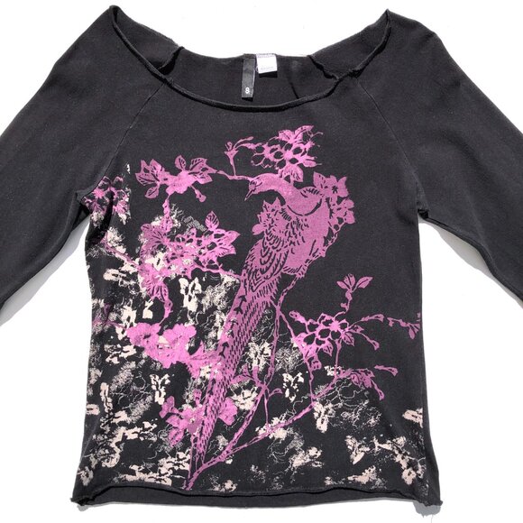 H&M Divided graphic print t-shirt women size S black purple bird long sleeve - Picture 2 of 7